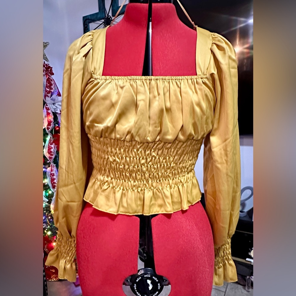 Fashion Nova, Gold/ Satin Smocked Blouse